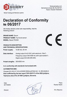 Declaration of CE conformity Escort TD-500 Fuel level sensor