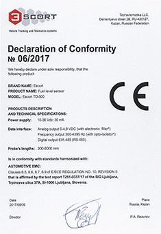 Declaration of CE conformity Escort TD-500 Fuel level sensor