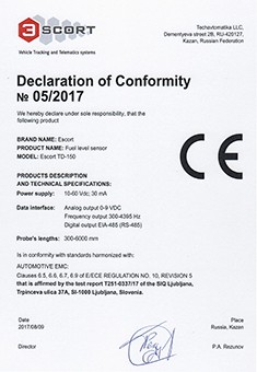 Declaration of CE conformity Escort TD-150 Fuel level sensor