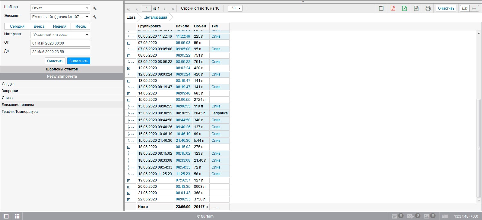 example and screenshot of the program for wireless control and remote fuel monitoring