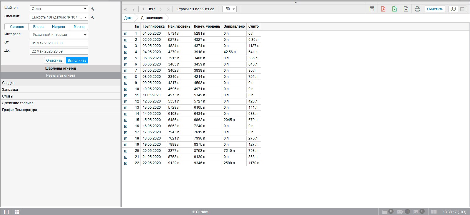 example and screenshot of the program for wireless control and remote fuel monitoring